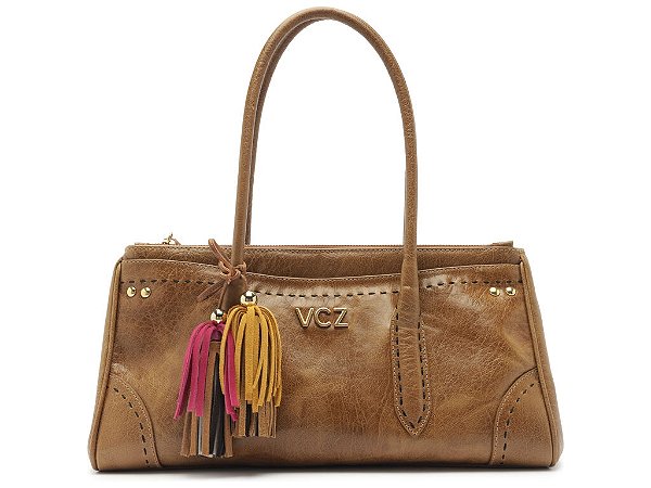 Bolsa Media Tote Couro Tiras Ziper Logo Mania Vicenza Camel