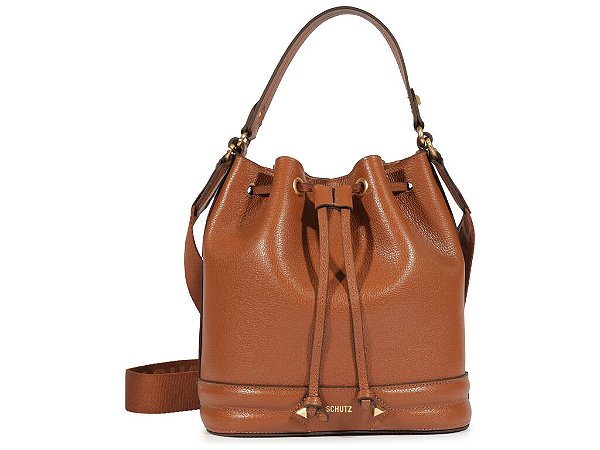 Bolsa Bucket Media Couro Alça Tiras Elastica Schutz Camel