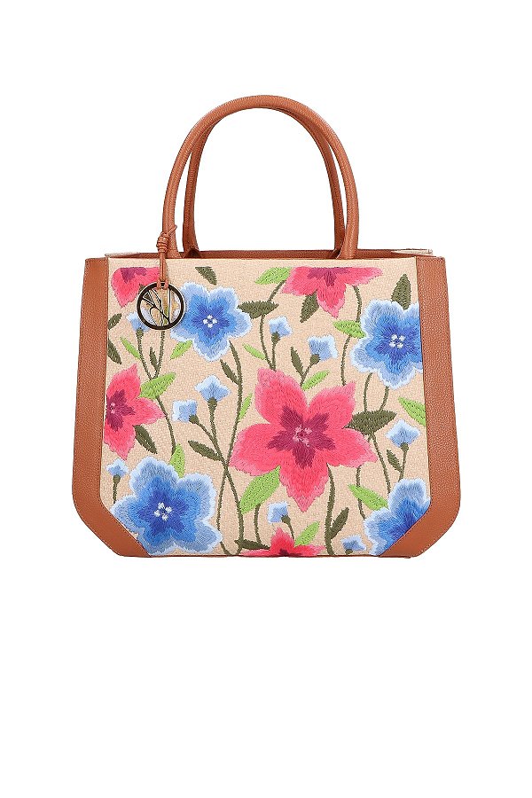 Bolsa Grande Tote Palha Bordado Floral Logo Mania Luiza Barcelos Camel