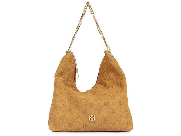 Bolsa Grande Couro Camurça Logo Mania Alça Corrente Schutz Camel