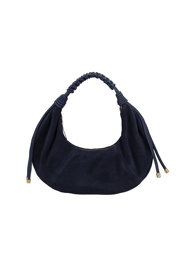 Bolsa Grande Couro Camurça Hobo Ziper Alça Multimaterial Luiza Barcelos Azul Marinho