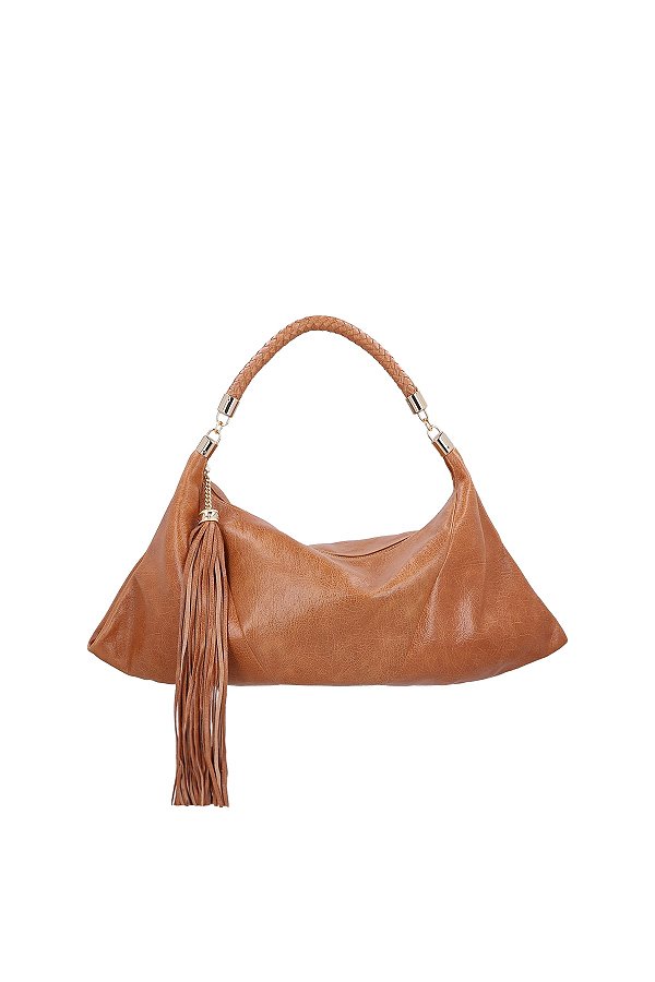 Bolsa Média Alça Tramada Tiras Franja Couro Ziper Luiza Barcelos Camel