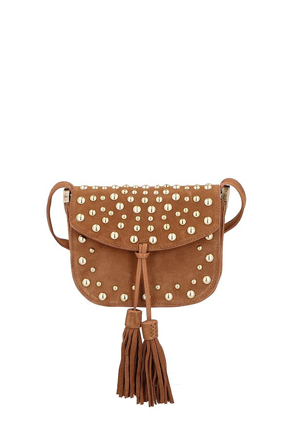 Bolsa Pequena Camurça Rebite Enfeite Tiras Tiracolo Luiza Barcelos Camel
