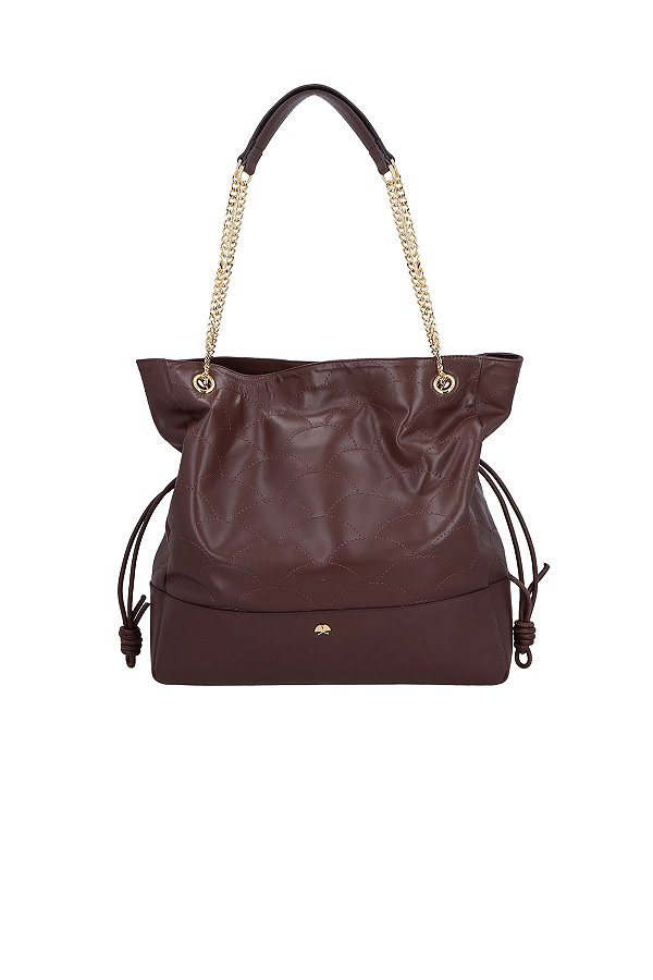Bolsa Shopper Grande Couro Coffee Alça Corrente Amarração Lateral Luiza Barcelos Coffee