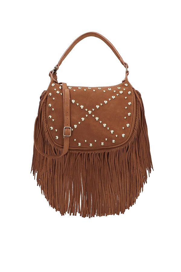 Bolsa Média Couro Camurça Rebite Tiras Franja Ziper Luiza Barcelos Camel