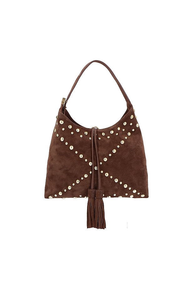 Bolsa Média Rebite Couro Camurça Ponteira Franja Hobo Luiza Barcelos Coffee