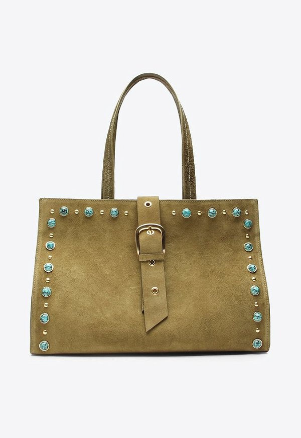 Bolsa Grande Couro Tote Alça Fivela Rebites Vicenza Verde