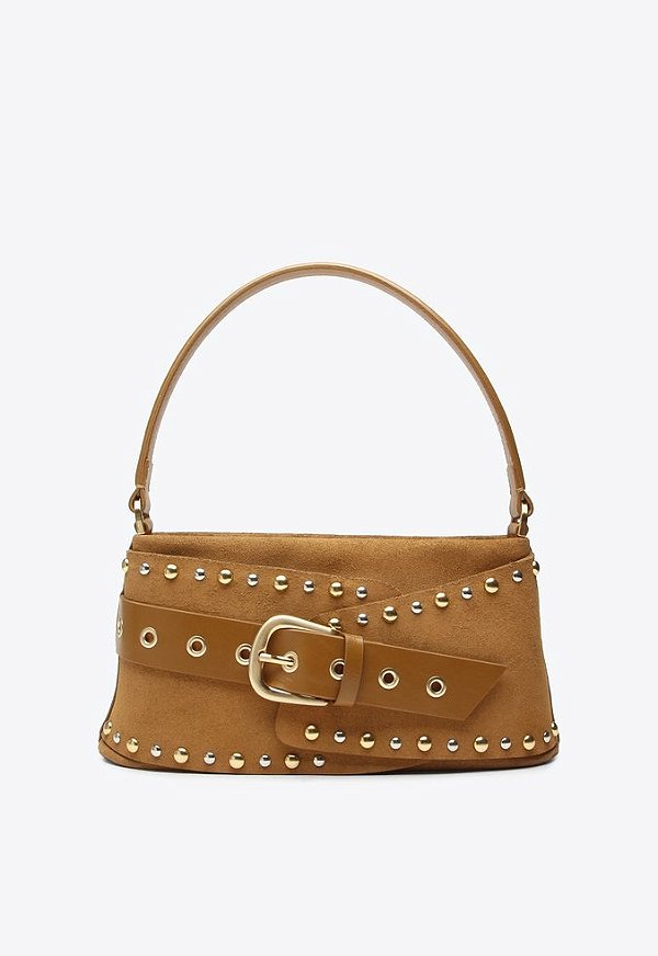 Bolsa Média Couro Camurça Rebite Fivela Ziper Shoulder Thaila Vicenza Camel