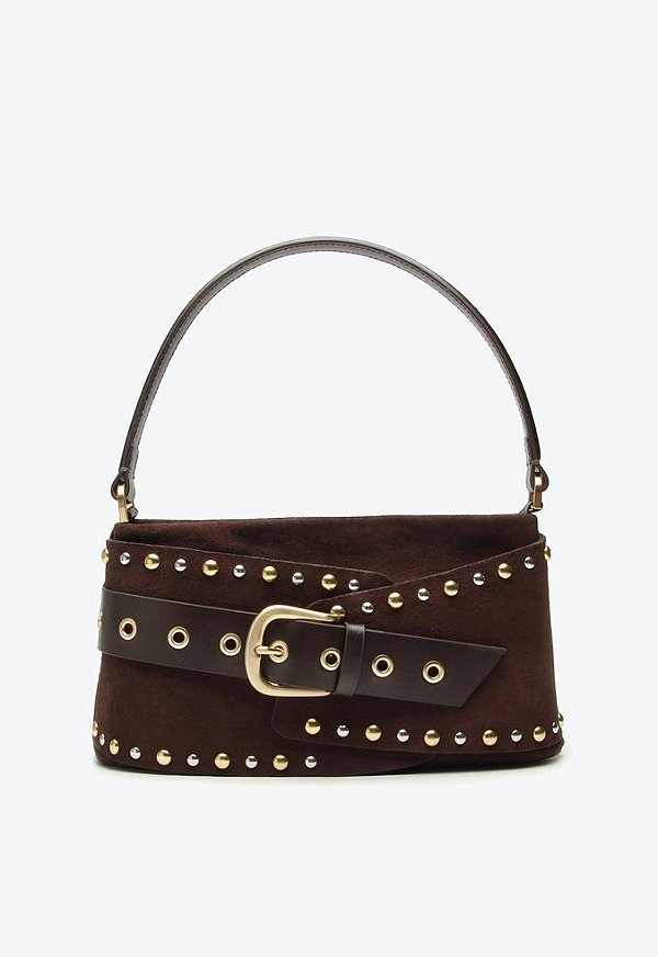 Bolsa Média Couro Camurça Rebite Fivela Ziper Shoulder Thaila Vicenza Coffee