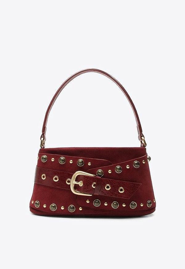 Bolsa Média Thaila Couro Camurça Rebite Fivela Ziper Shoulder Vicenza Marsala