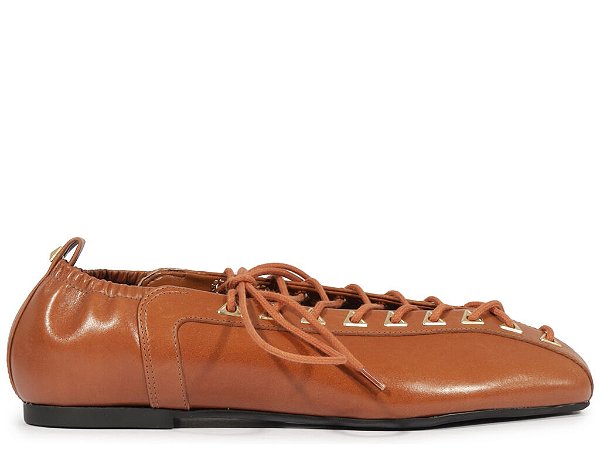 Sapatilha Feminina Couro Elastico Amarração Schutz Camel