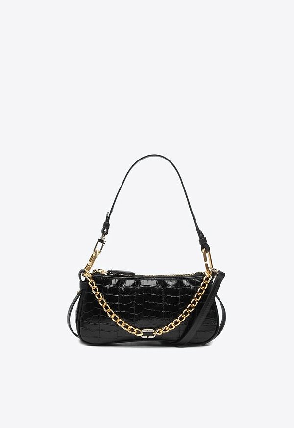 Bolsa Feminina Pequena Shoulder Vick Couro Croco Corrente Vicenza Preto