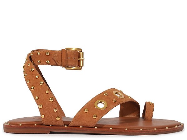 Rasteira Tiras Rebites Fivelas Camurça Schutz Camel