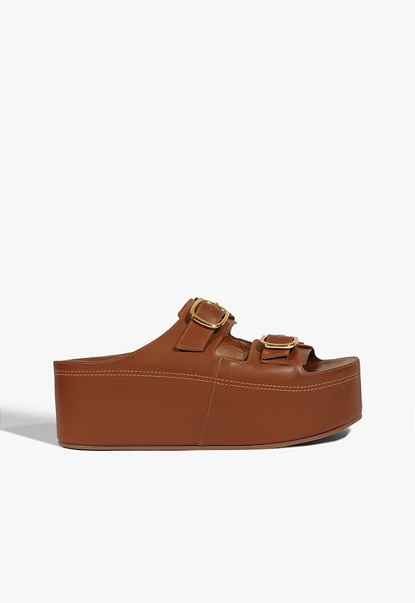 Sandalia Flatform Anabela Couro Fivelas Schutz Camel