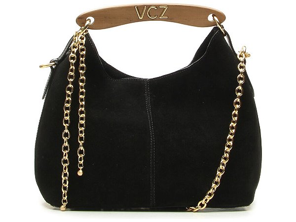 Bolsa Feminina Média Camurça Corrente Madeira Vicenza Preto