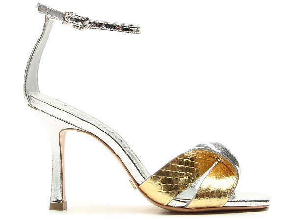 Sandalia Metalcolor Croco Bicolor Salto Alto Fino Tira Vicenza Prata