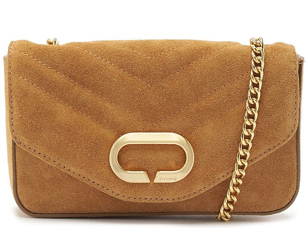 Bolsa Pequena Couro Camurça Corrente Clutch Vicenza Camel