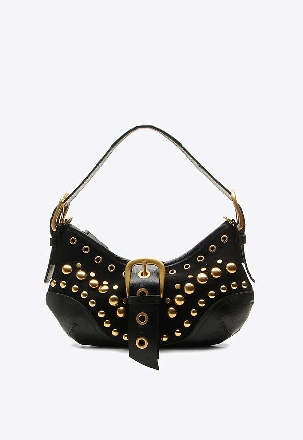 Bolsa Media Couro Camurça Rebite Fivela Shoulder Jamie Vicenza Preto