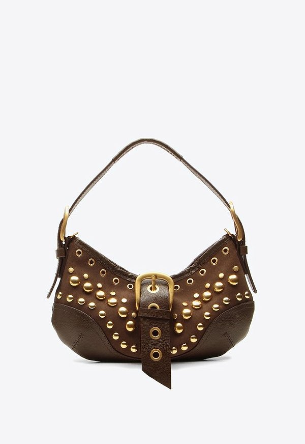 Bolsa Media Couro Camurça Rebite Fivela Shoulder Jamie Vicenza Marrom