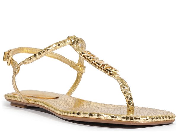 Rasteira Feminina Metalcolor Croco Tira Alça Fivela Logomania Schutz Dourado