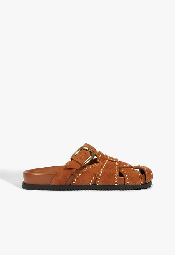 Mule Couro Camurça Rebites Fivela Schutz Camel