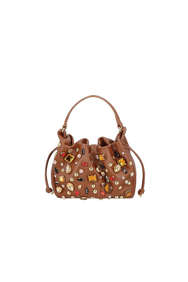 Bolsa Strass Joias Aplicação Rebite Couro Enfeite Luiza Barcelos Marrom