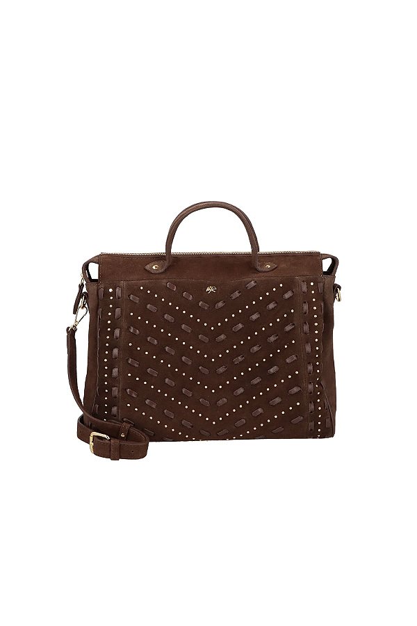 Bolsa Grande Camurça Rebite Tresse Ziper Alça Longa Luiza Barcelos Coffee