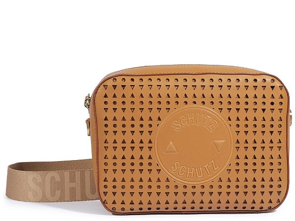 Bolsa Tiracolo Pequena Geométrico Alça Multimaterial Schutz Camel
