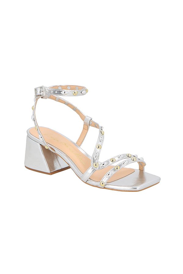 Sandalia Salto Bloco Bico Quadrado Metalcolor Aplicações Luiza Barcelos Prata