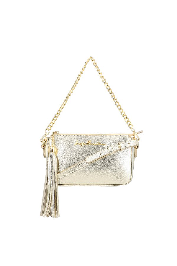 Bolsa Feminina Pequena Metalcolor Couro Alça Corrente Logo Luiza Barcelos Dourado