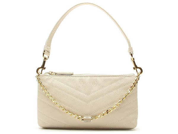 Bolsa Feminina Pequena Tiracolo Corrente Alça Couro Vicenza Off White