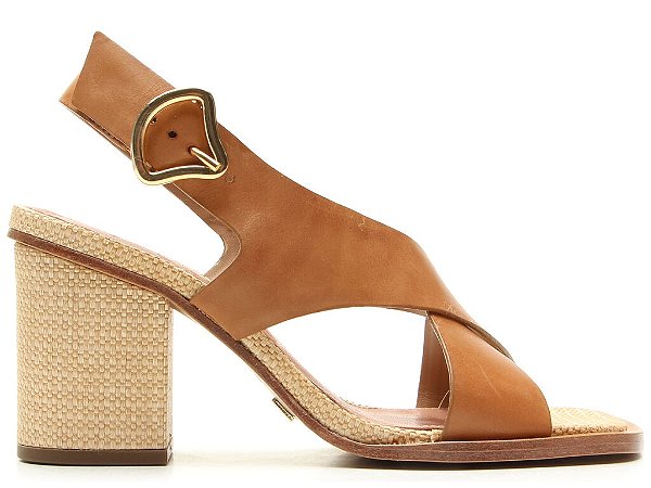Sandalia Salto Alto Quadrado Tiras Couro Fivela Palha Vicenza Camel