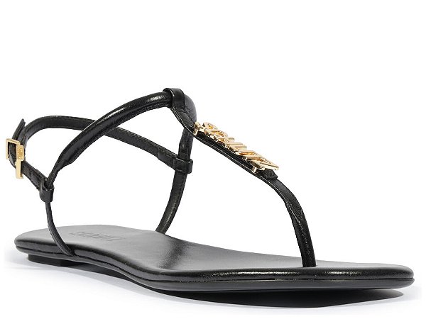 Rasteira Feminina Tira Alça Fivela Logomania Dourado Schutz Preto