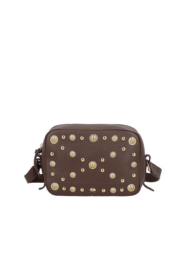 Bolsa Pequena Tiracolo Rebite Couro Ziper Alça Fivela Luiza Barcelos Coffee