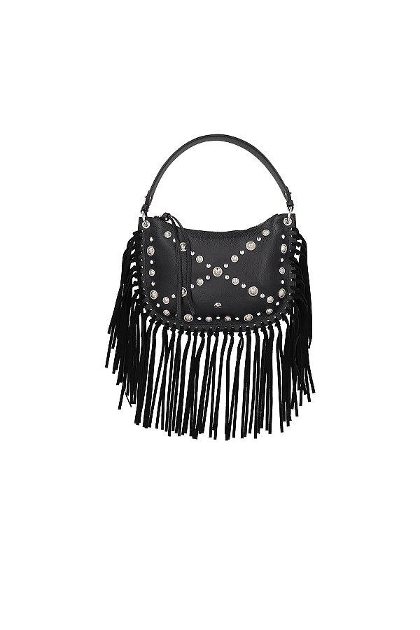 Bolsa Media Couro Franjas  Camurça Rebite Ziper Luiza Barcelos Preto
