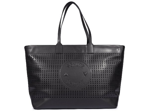 Bolsa Grande Couro Geometrica Shopper Ziper Logo Schutz Preto