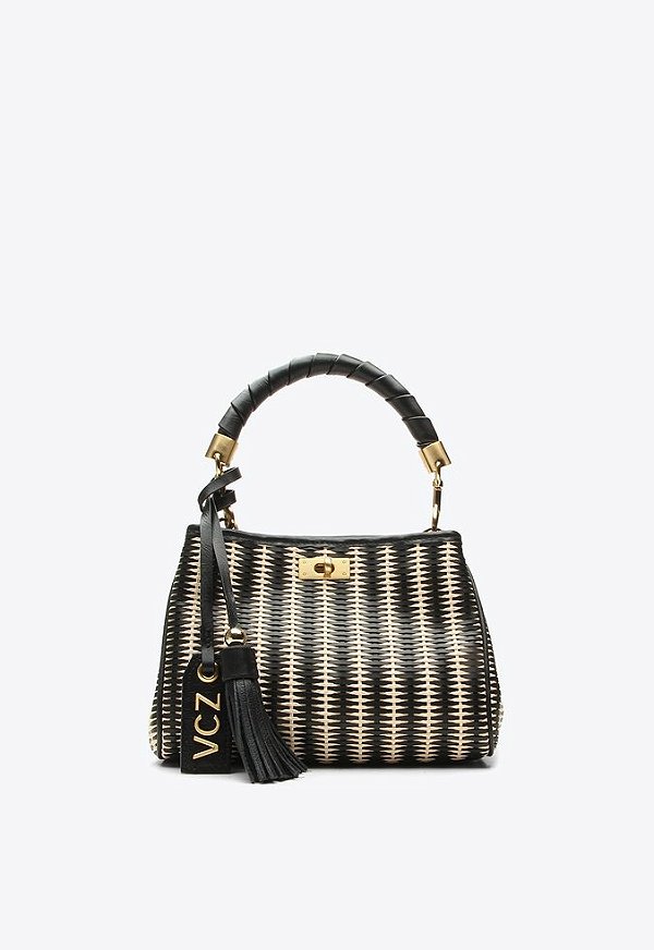 Bolsa Pequena Tote Bella Multicolor Multimaterial Palha Couro Vicenza Preto