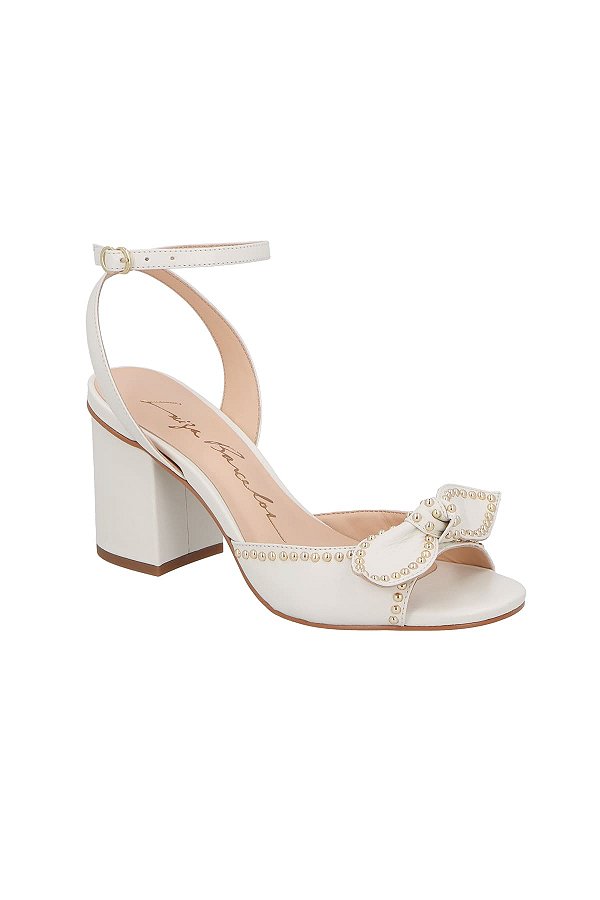 Sandalia Salto Bloco Médio Couro Rebite Laço Luiza Barcelos Off White