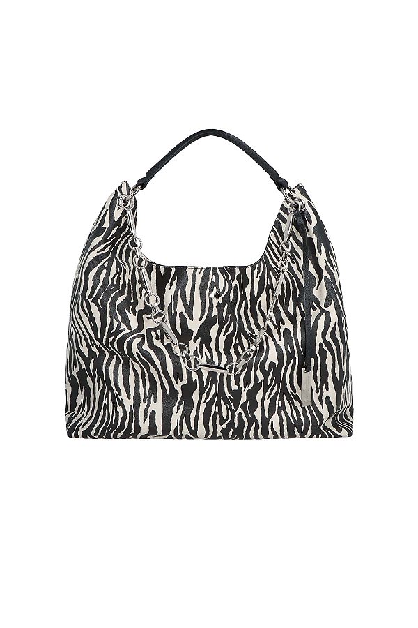 Bolsa Tote Grande Animal Print Zebra Couro Corrente Tag Thassia Naves Luiza Barcelos Preto
