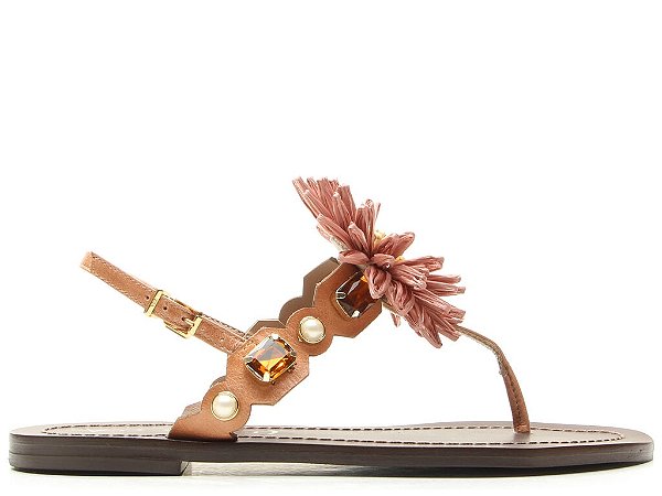 Rasteira Feminina Flor Tiras Joias Fivela Couro Vicenza Camel