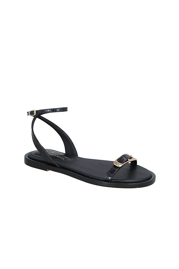 Rasteira Fivela Metalica Couro Croco Thassia Naves Luiza Barcelos Preto