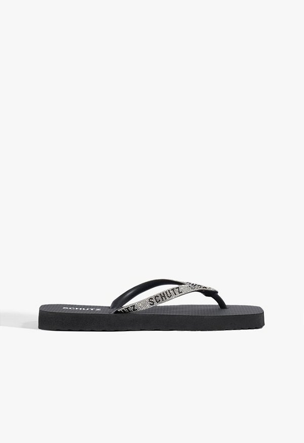 Chinelo Feminino Flat Flops Strass Bico Quadrado Schutz Preto