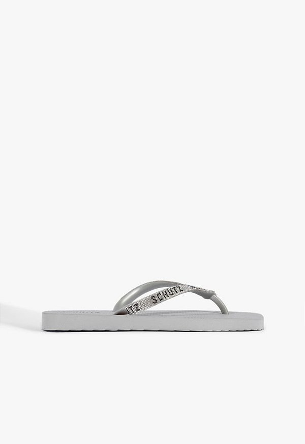 Chinelo Feminino Flat Flops Strass Bico Quadrado Schutz Cinza