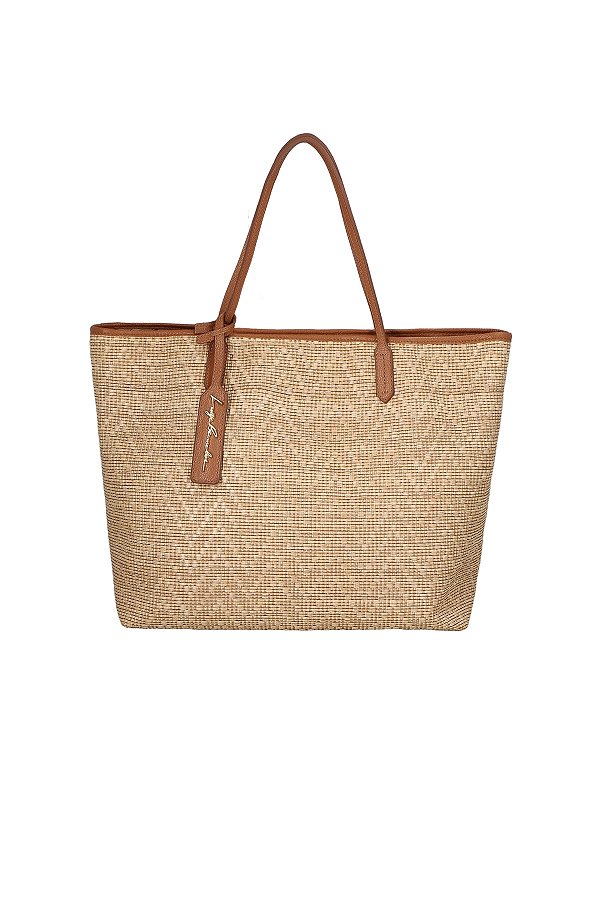 Bolsa Grande Tote Palha Couro Tag Logo Luiza Barcelos Camel