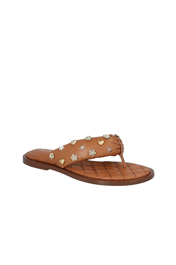 Chinelo Feminino Dedos Couro Tresse Aplicações Metal Luiza Barcelos Camel