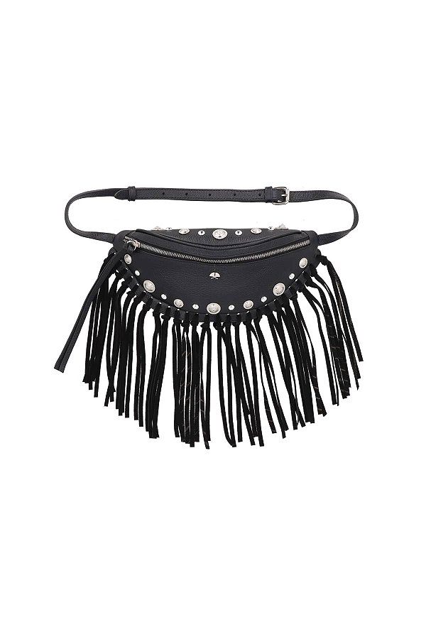 Pochete Média Couro Fivela Enfeite Camurça Ziper Rebite Luiza Barcelos Preto