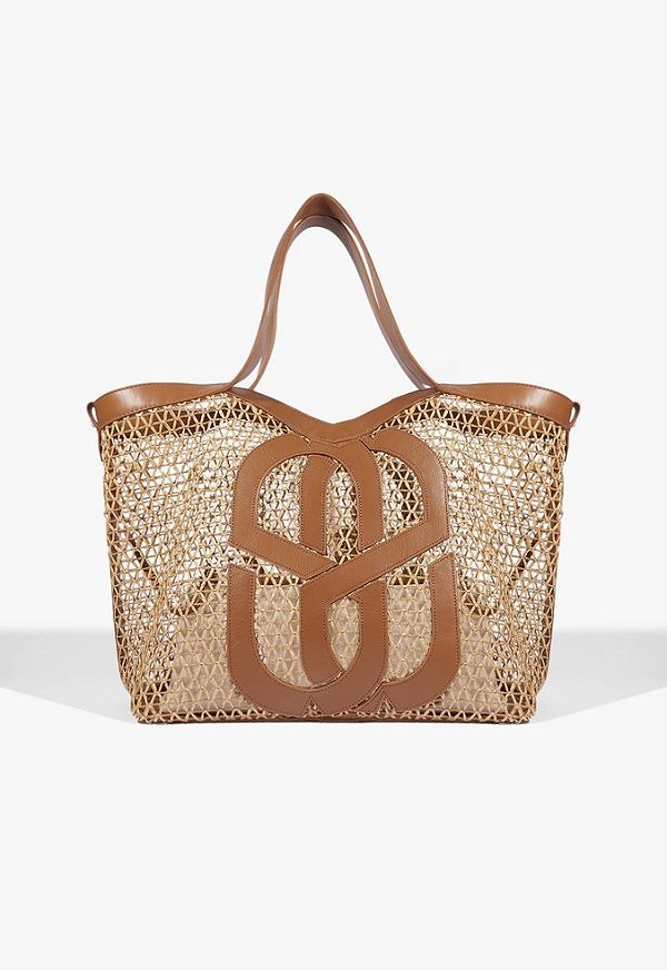Bolsa Shopper Grande Rafia Tresse Logomania Couro Schutz Camel