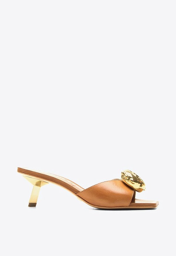 Tamanco Lorena Salto Baixo Aplicação Couro Vicenza Camel