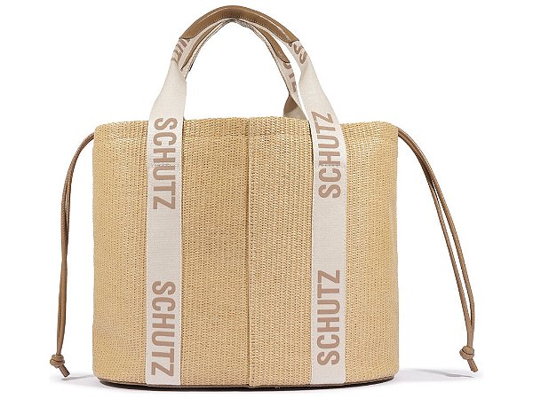Bolsa Grande Palha Alça Couro Enfeites Multimaterial Logo Schutz Nude