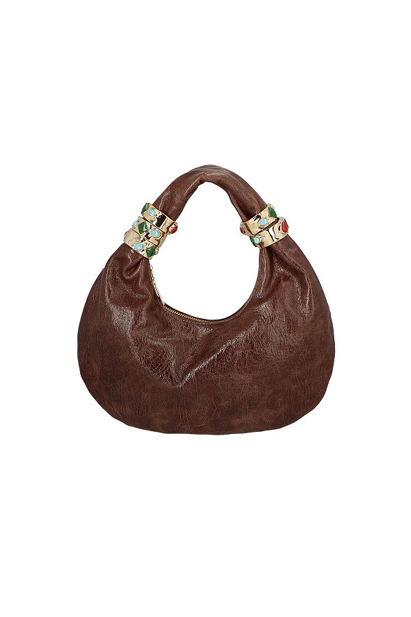 Bolsa Média Couro Ziper Hobo Apliques Thassia Naves Luiza Barcelos Coffee